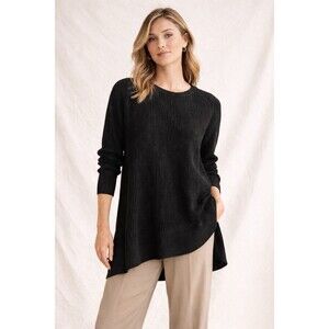 Eileen Fisher Merino Wool Ribbed Tunic Sweater XL Black Oversized Minimalist